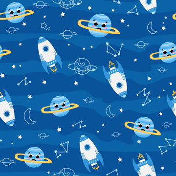 Cute space seamless pattern with cartoon saturn planets, rockets, and constellations on blue background