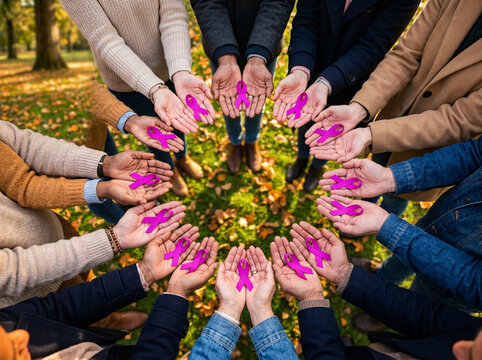 Group of people holding purple ribbons for cancer awareness