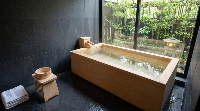 Modern japanese bathroom with hinoki cypress bathtub and bamboo garden view spa interior