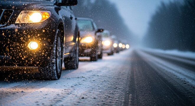Line of cars driving on snowy winter road during snowfall with headlights on in a cold winter landscape with trees in the background and wet snow-covered surface