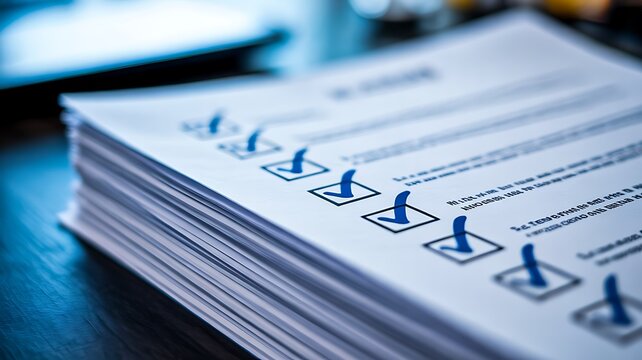  Stacked business documents with checklist marks representing forms, surveys, and administrative paperwork