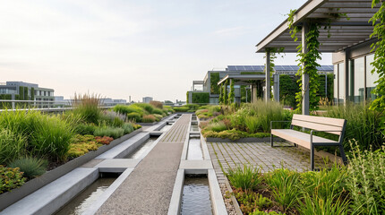 Fototapeta premium Rainwater harvesting green roof garden plaza sustainable urban water design native planting copy space