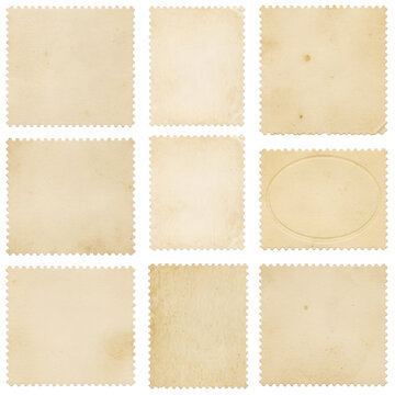 Set of vintage blank postage stamps with rough edges and old paper texture