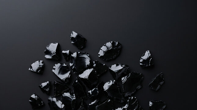 Obsidian black glass shard scatter luxury abstract texture dark background for premium branding copy space