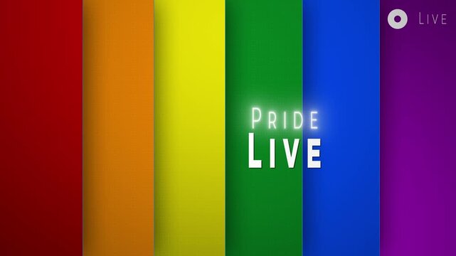 Pride Live Broadcast Graphic with Glowing Text and Rainbow Striped Background