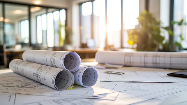 Architectural blueprints on office desk for construction planning and engineering design
