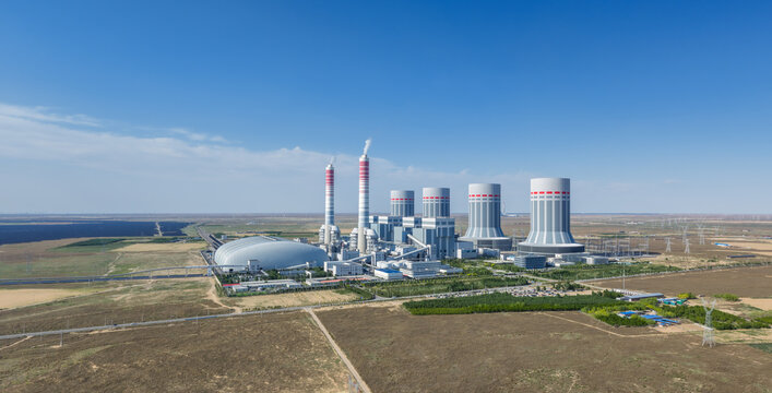 Ultra-Supercritical Coal-Fired Power Station in Open Arid Grassland Under Clear Blue Sky