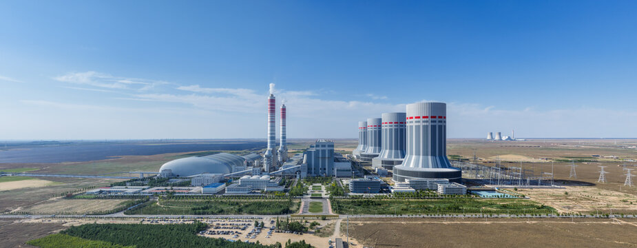 Aerial Panorama of Ultra-Supercritical Coal-Fired Power Plant Under Blue Sky