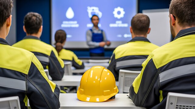 Industrial safety training session for workers in modern manufacturing facility