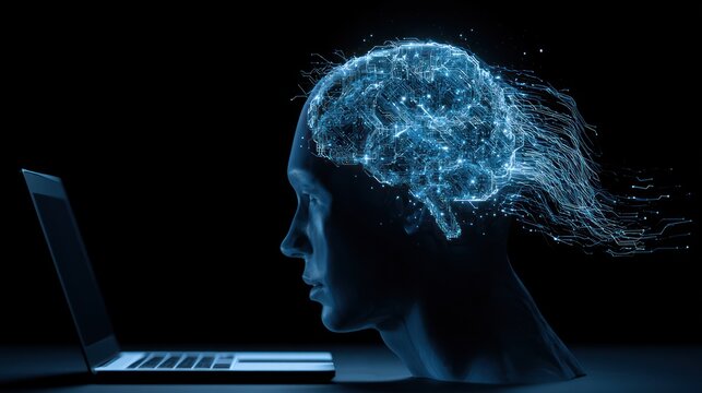 Digital brain and laptop in dark studio ai concept