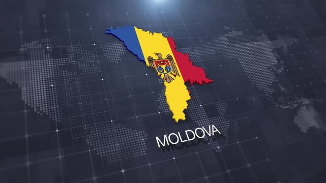 Moldova map with national flag on digital world map background, geographic border, global political and international news concept