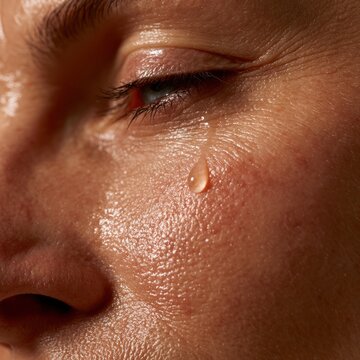 Macro close up of a human eye with a tear droplet on sweaty skin