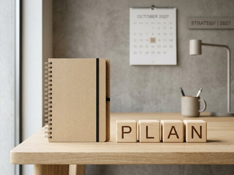 Notebook and wooden blocks with the word PLAN on a desk
