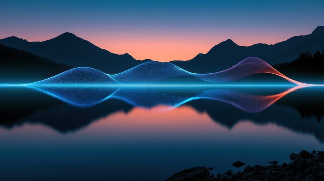 Abstract digital soundwave over calm lake at dusk with mountain silhouette