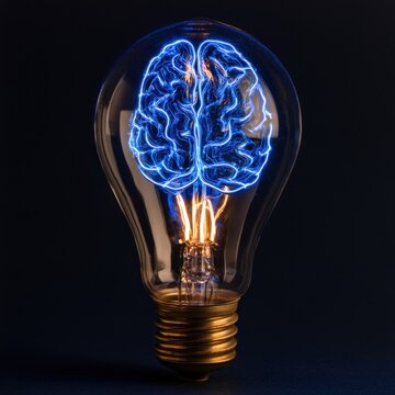 Glowing blue brain inside light bulb with dark background
