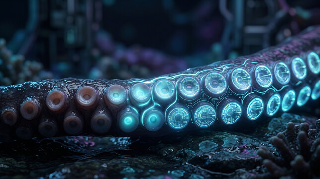 Octopus tentacle suckers transforming into glowing sensor array macro nature technology IoT concept copy space