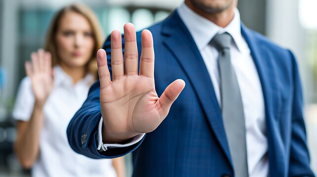 Businessman showing stop gesture representing workplace boundaries and refusal concept