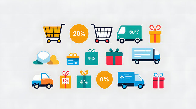 Flat vector e-commerce icon set, online shopping elements, delivery truck, shopping cart, and discount badge isolated on white background