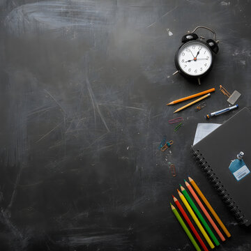 Black alarm clock with pencils and notebooks on a blackboard background.