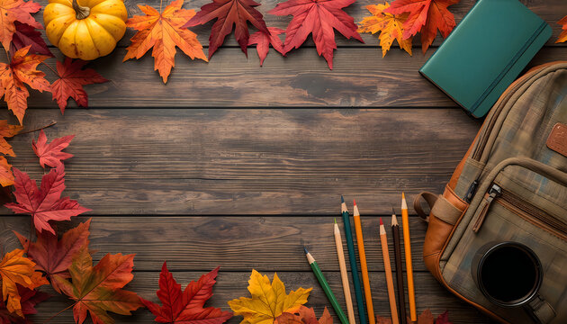 Autumn school supplies flat lay with yellow pumpkin backpack leaves wooden table.
