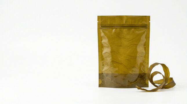 Kelp seaweed bioplastic pouch biodegradable edible eco packaging isolated on white background sustainable innovation