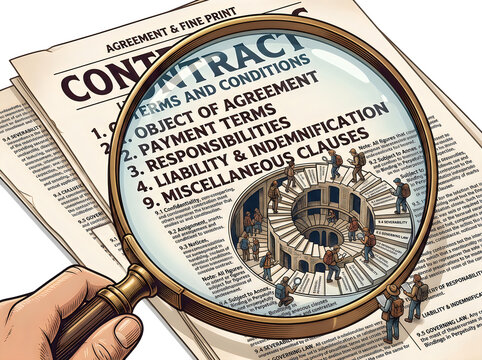 Magnifying glass over contract agreement terms and conditions document