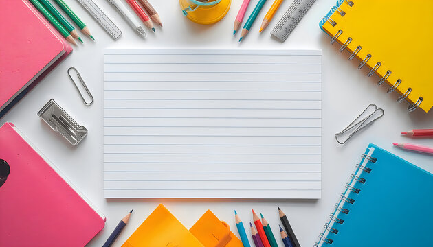 Brightly colored notebooks and stationery laid out on white surface.