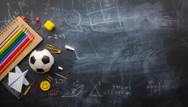 Chalkboard with math formulas and school supplies for education.