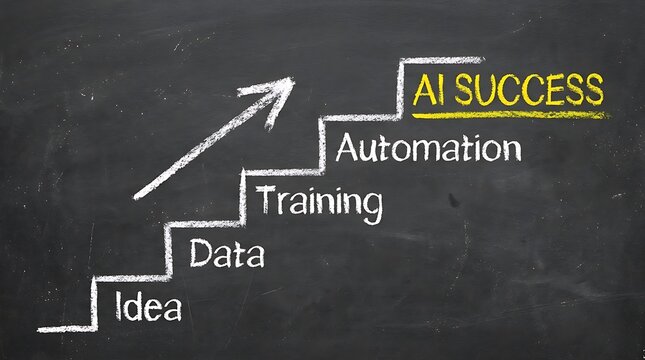 Chalkboard staircase diagram illustrating strategic steps toward artificial intelligence success achievement