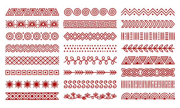 Ethnic red geometric borders set, 24 tribal pattern dividers SVG, ancient greek and celtic line art ornaments for frames and invitations