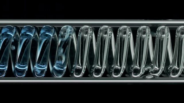Tight close shot of blue liquid flowing through a horizontally mounted coil laboratory condenser on deep black surface | Fragrance formulation concept