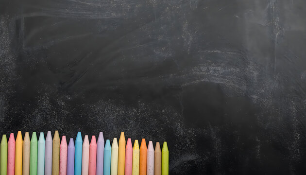 Colorful wax crayons arranged in neat row at bottom of blank black board surface.