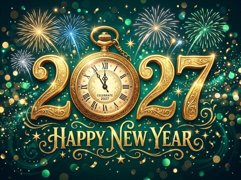 2027 happy new year greeting with golden pocket watch and fireworks background