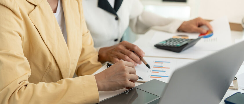 Business team calculate benefit, working woman, spreadsheets, graph financial development, bank accounts, statistics, economy, data analysis, investment analysis, stock exchange, rates income