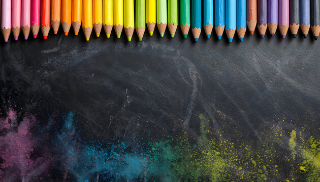 Colorful wooden pencils row lined up across top edge on black chalkboard backdrop.
