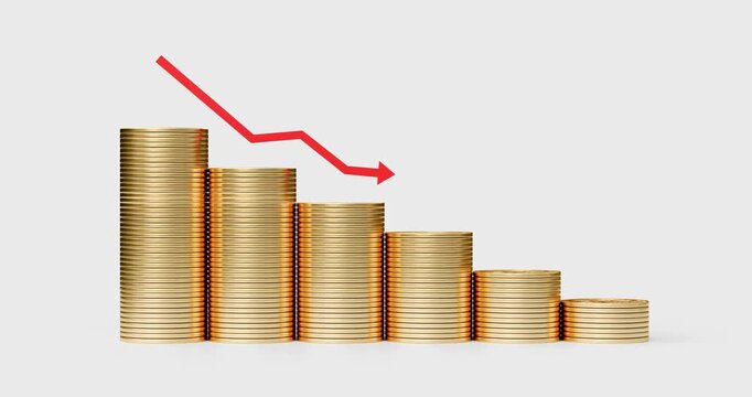 3D Render of Gold Coin Stacks with Red Downward Arrow Symbolizing Financial Deficit
