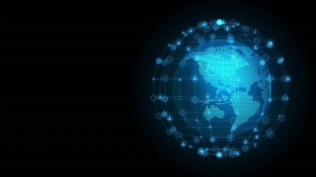 Glowing blue digital hologram globe rotating with global communication network icons and connected nodes on a black background, representing worldwide data, technology, and connection