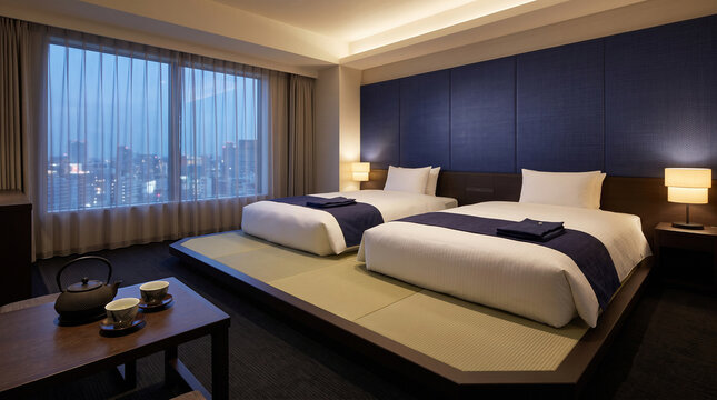 Japanese modern hotel twin room with beds on tatami dais and indigo headboard hospitality interior