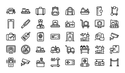 Fototapeta premium Airport Security Scanner and Baggage Handling Line Icon Set with Conveyor Belt Editable Vector Collection