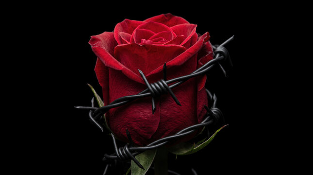Red rose wrapped in black barbed wire symbolizing painful love, forbidden desire and protected beauty on dark background.