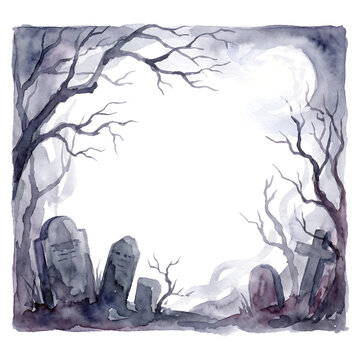 Watercolor graveyard square frame with spooky tombstones, bare trees, and full moon, Halloween cemetery border with copy space on paper texture, isolated illustration