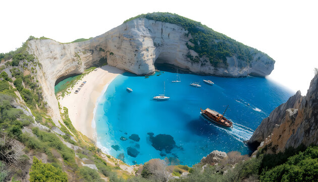 Hidden tropical cove with white sand beach and anchored boats in turquoise water.