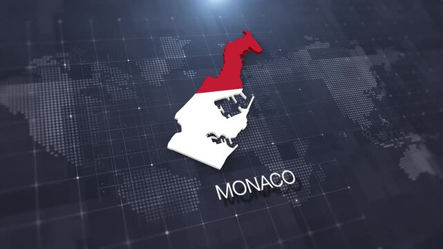 Monaco map with national flag on digital world map background, geographic border, global political and international news concept