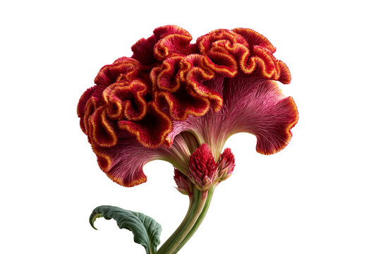 Red celosia cockscomb flower with green leaves isolated on white background, botanical beauty concept