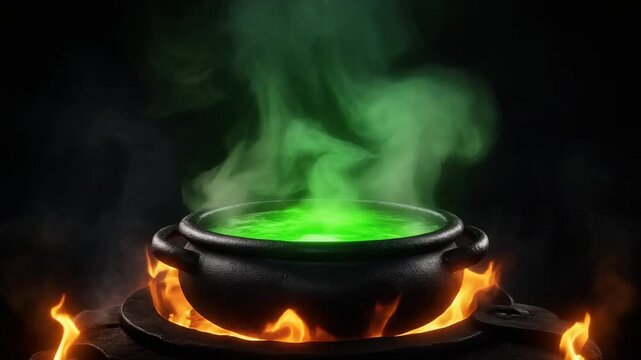 A black cauldron bubbling with glowing green potion, thick smoke curling upward and dissolving into the dark background, warm firelight flickering on the cauldron's rim, moody close-up shot, seamless