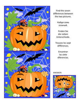Halloween visual puzzle: Find seven differences between two pictures of pumpkin, bats and spider. Answer included.

