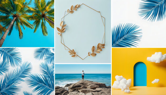 Palm trees against bright blue sky, minimalist tropical background for design.