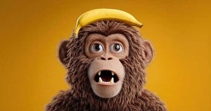 Cute cartoon monkey wearing banana hat close up studio portrait