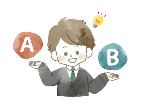 比較をしている笑顔の男子学生-水彩