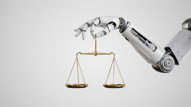 Robotic hand holding scale of justice, isolated on white background.